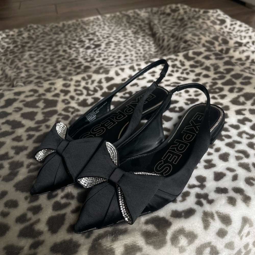 Express Black Satin Slingback Flats with Rhinestone Bow